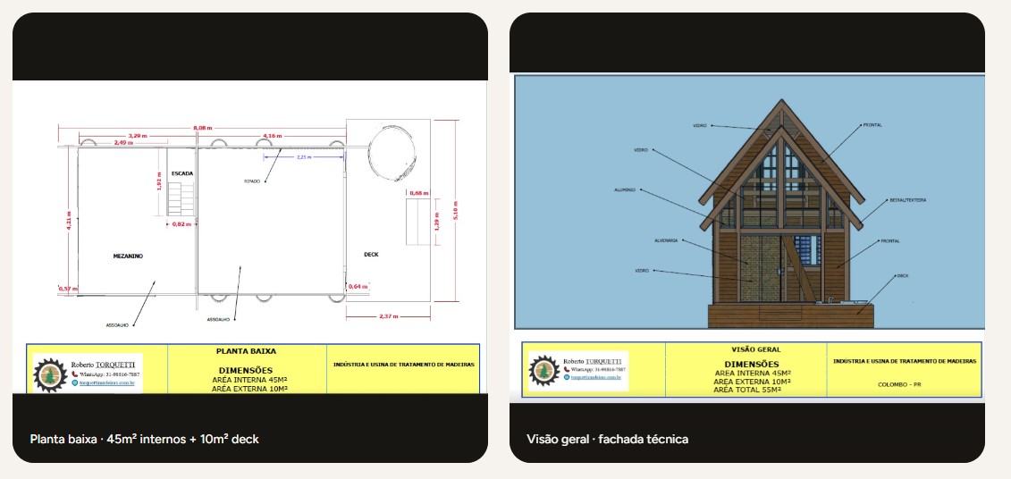 Planta baixa e fachada técnica do chalé de 55 m² com dimensões e especificações