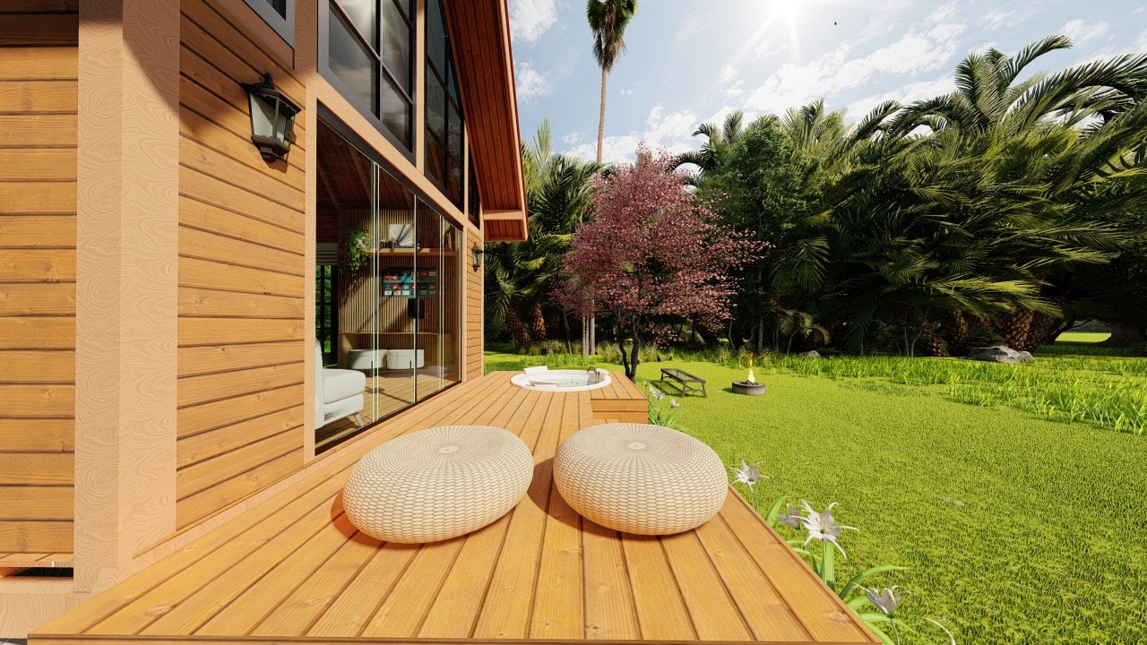 Deck externo com ofurô e jardim ao redor